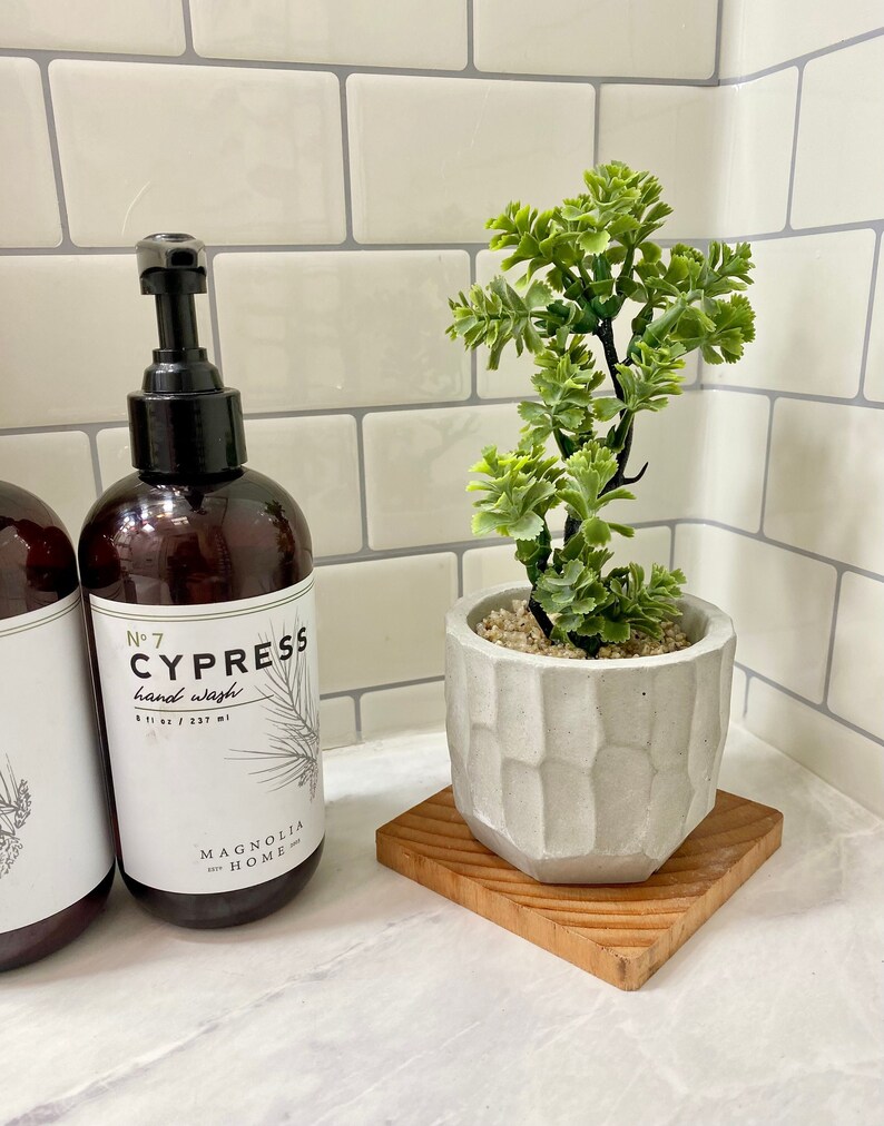 May include: Two brown glass bottles of hand wash labeled "No. 7 Cypress hand wash 8 fl oz / 237 ml" and "Magnolia Home" with a green artificial succulent plant in a gray concrete pot on a wooden coaster.