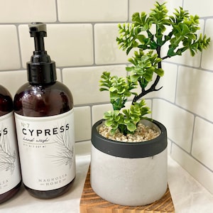 Artificial Bonsai Plant in a Handmade Concrete Pot with Wood Tray - Floating Shelf Decor, Kitchen Counter Deco, RV Decoration Fake Plant Black