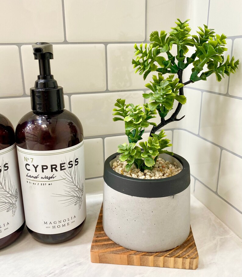 Artificial Bonsai Plant in a Handmade Concrete Pot with Wood Tray - Floating Shelf Decor, Kitchen Counter Deco, RV Decoration Fake Plant Black