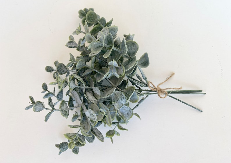 May include: A bunch of artificial eucalyptus stems with a light green and gray color, tied together with twine.