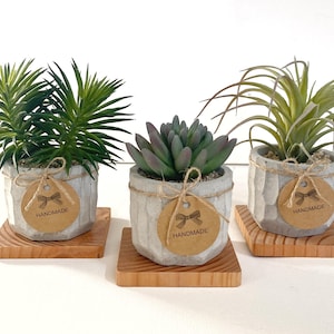 以下が含まれることがあります： 手作りタグが付いた鉢植えが3つ。植物は、質感のあるグレーのコンクリート製の鉢に入っています。鉢は木製コースターの上に置かれています。タグは茶色で、白いリボンと「HANDMADE」という文字が印刷されています。