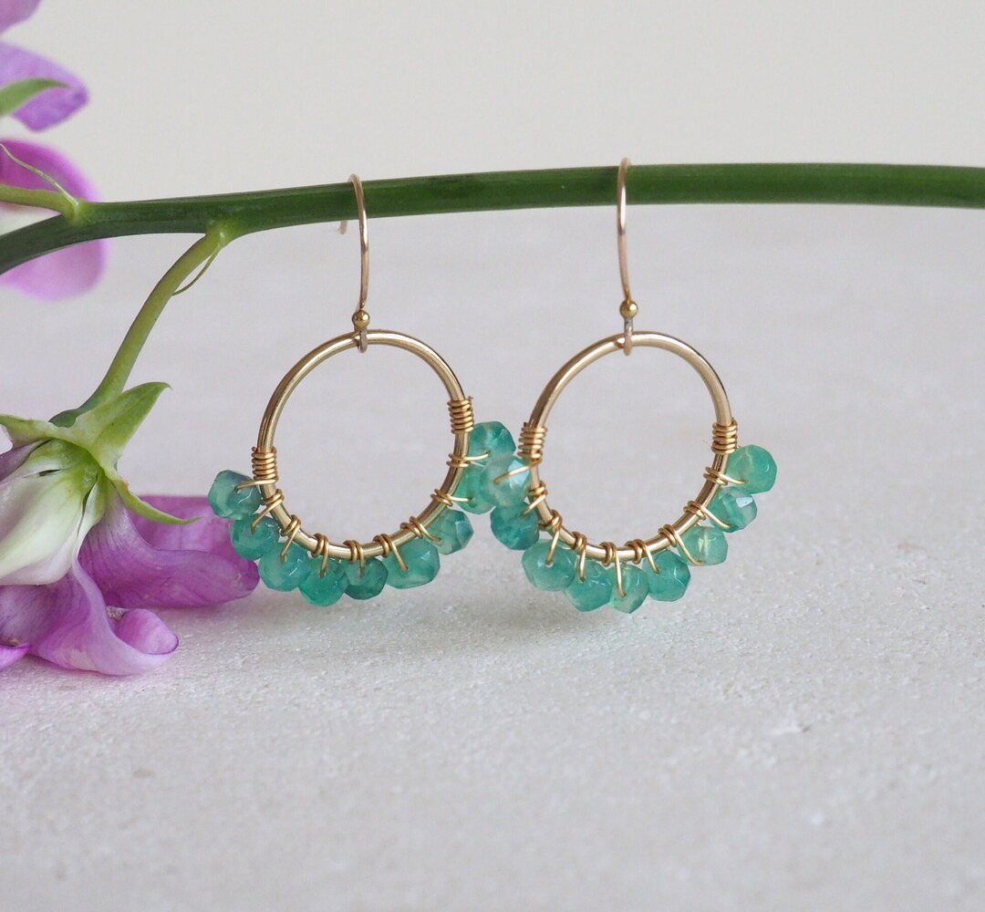 Wire Wrapped Gemstone Dangle Hoop Earrings With Faceted Green Etsy