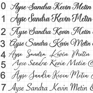 May include: A grid of text samples featuring names in a cursive font. The names include "Ayse Sandra Kevin Metin" and an ampersand. The numbers 10 through 17 are visible on the left side of the grid.