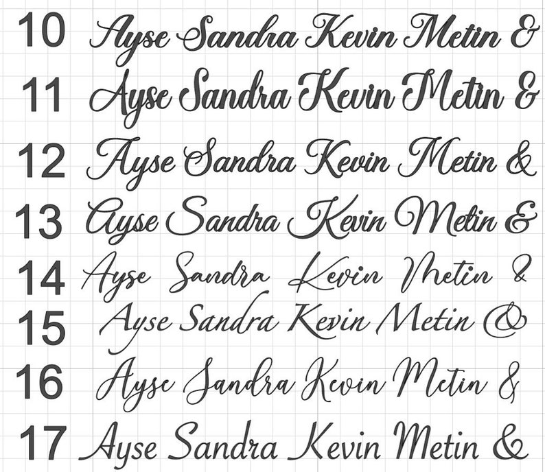 May include: A grid of text samples featuring names in a cursive font. The names include "Ayse Sandra Kevin Metin" and an ampersand. The numbers 10 through 17 are visible on the left side of the grid.