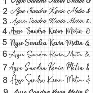 May include: Nine variations of a handwritten script with the names Ayse, Sandra, Kevin, and Metin, followed by an ampersand. The names are in a dark color, and each line is numbered from 1 to 9.
