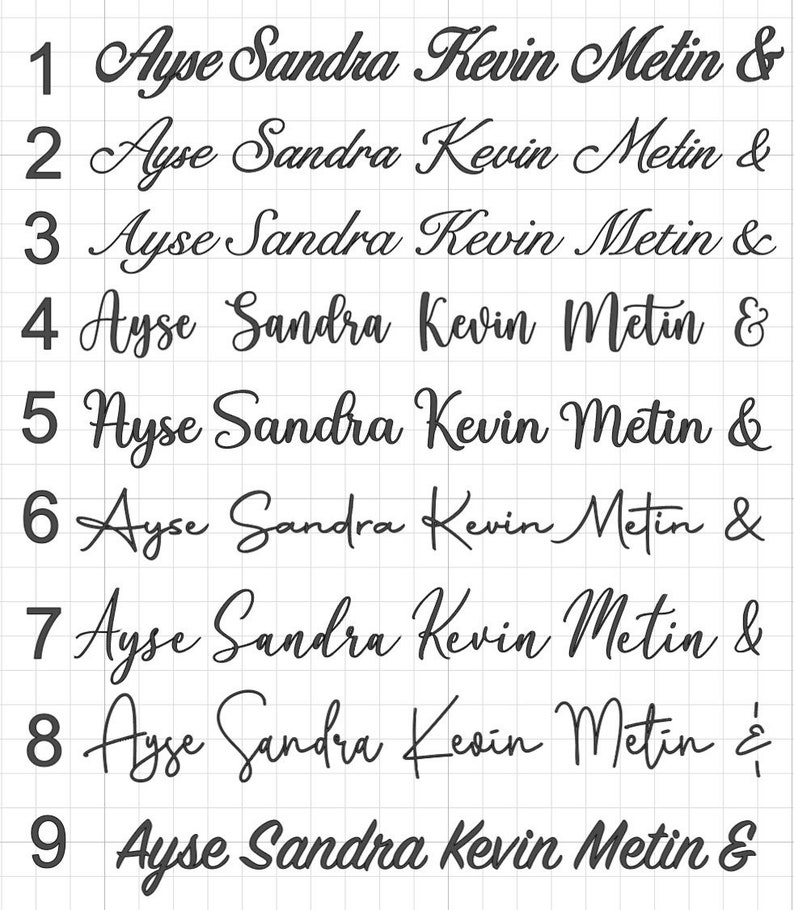 May include: Nine variations of a handwritten script with the names Ayse, Sandra, Kevin, and Metin, followed by an ampersand. The names are in a dark color, and each line is numbered from 1 to 9.