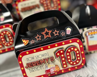 Cajas de dulces para noche de cine, cajas a dos aguas, cajas de regalos para fiestas, temática de cine, sala de cine