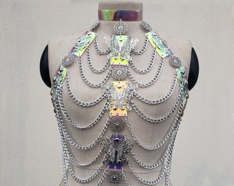 Holographic PVC Harness Top, Body Chain ,PVC Panties,Skirt ,Rave Clothing,Burnning Man Costumes