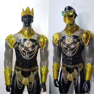 Pu&ograve; includere: Un costume dorato e nero con una corona, una cotta di maglia e un design a testa di leone. Il costume &egrave; fatto di paillettes e rete.