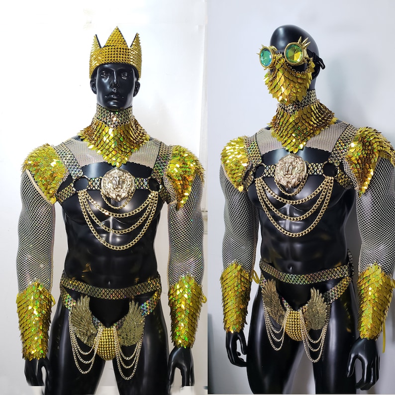Pu&ograve; includere: Un costume dorato e nero con una corona, una cotta di maglia e un design a testa di leone. Il costume &egrave; fatto di paillettes e rete.