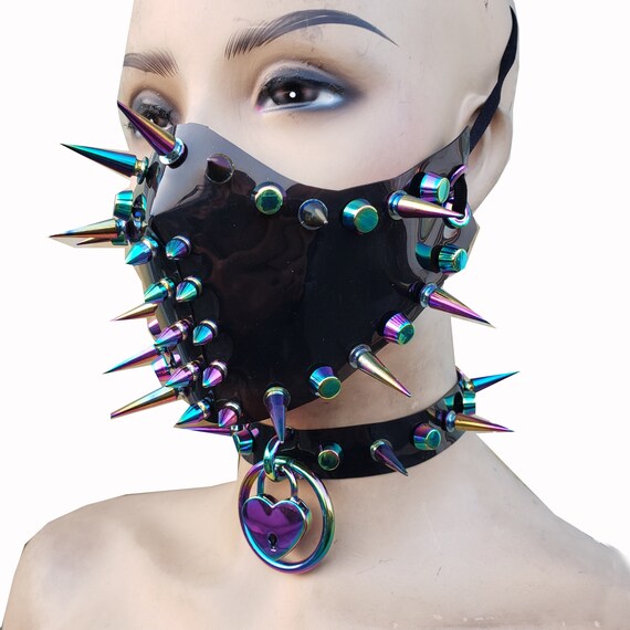 Black PVC Rainbow Spike Mask Heart Choker Collar