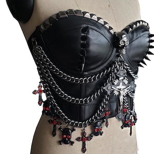 Halloween Costumes,Gothic Spiked Skull Leather Bustier Top,Women Faux Leather Punk  Heavy Metal Corset,Women Faux Leather Cross Boned Corset