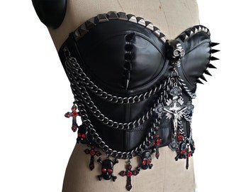 Halloween Costumes,Gothic Spiked Skull Leather Bustier Top,Women Faux Leather Punk  Heavy Metal Corset,Women Faux Leather Cross Boned Corset