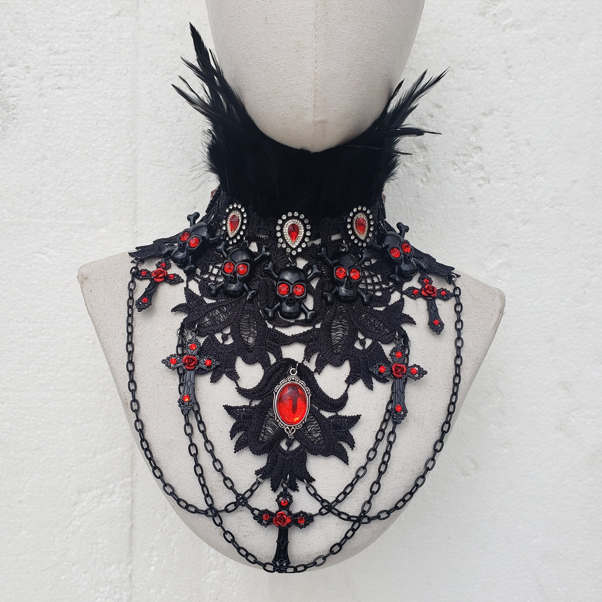 Gothic Feather Choker, Goth Skull Cross Necklace,vampire