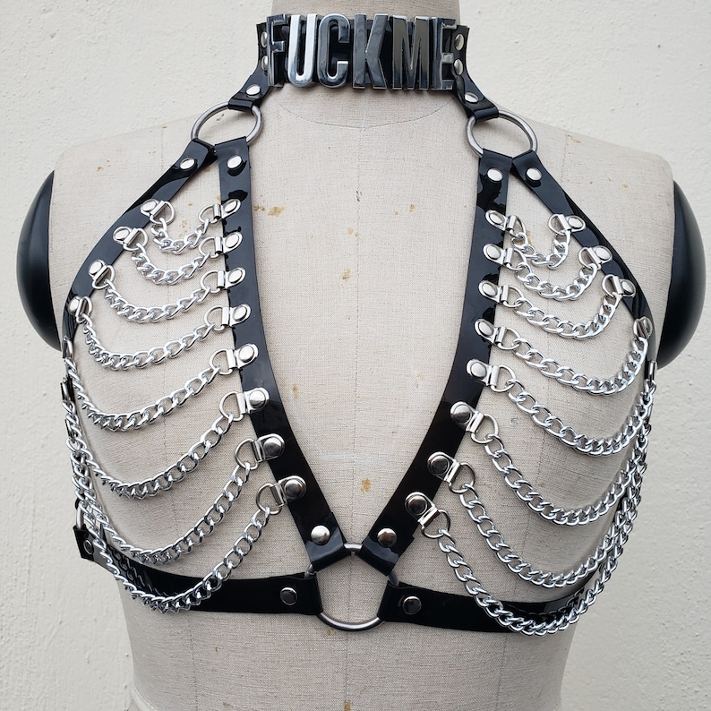Personalized Name Harness Gift,Fuck me Harness, PVC Harness, Gothic Harness, Chest Harness,Chain Harness,Bikini Harness image 2