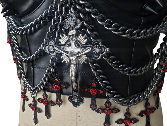 Grebrafan Steampunk Corset For Women | Plus Size Faux Leather With Chains & Halter Neck