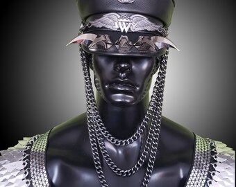Black Leather Army Cap: Biker Peaked Hat, Cosplay Costume