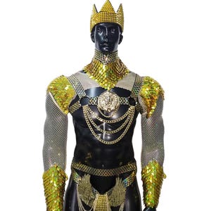 Pu&ograve; includere: Un costume dorato e nero con una corona, una catena e spalline. Il costume &egrave; fatto di paillettes e rete.