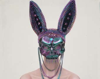 Iriserende regenboog Bad Bunny Skull Mask: Rave, Burning Man, Gothic