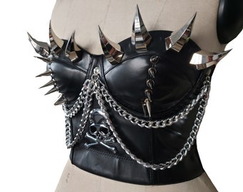 Halloween Costumes,Gothic Spiked PU Leather Bustier,Women Faux Leather Punk  Heavy Metal Corset,Women Faux Leather Corset