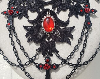 Chargances Vintage Gothic Skull Pendant Necklace With Red Flower – Black Lace Collar Choker For Women - View #7