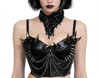 Plus Size Gothic Spiked Faux Leather Corset ,Cyberpunk Bustier Outfits,Burning Man Festival Clothing,Heavy Metal Rock Clothing