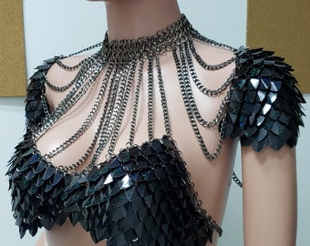 Black Scalemail Chainmail Harness Shoulder Pauldrons Pieces Gothic Scalemaille Armor Alternative Clothing