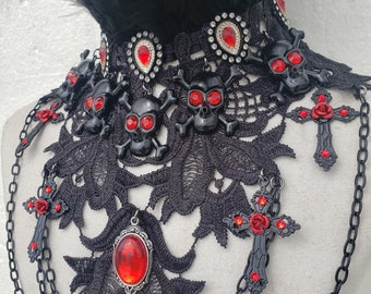 Chargances Vintage Gothic Skull Pendant Necklace With Red Flower – Black Lace Collar Choker For Women - View #6