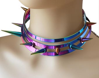 Collana girocollo con punte in metallo arcobaleno, gotico, punk, alternativa, statement, goth, rave Halloween choker