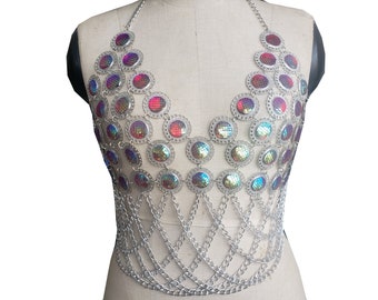 Iridescent Mermaid Halloween Costumes ,Chainmail Top,Body Chain Rave Clothing,Burning Man Outfits Costumes