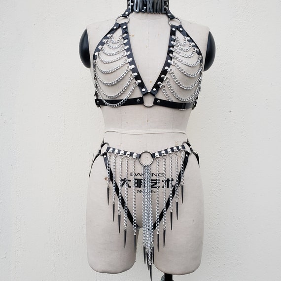 Personalized Name Harness Gift,Fuck me Harness, PVC Harness, Gothic Harness, Chest Harness,Chain Harness,Bikini Harness