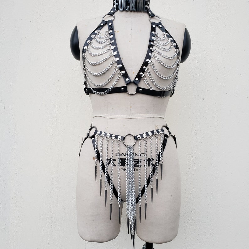 Personalized Name Harness Gift,Fuck me Harness, PVC Harness, Gothic Harness, Chest Harness,Chain Harness,Bikini Harness image 1