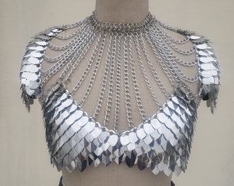 Mirror Silver Scalemail Chainmail Harness Shoulder Pauldrons Pieces  Scalemaille Bra Armor