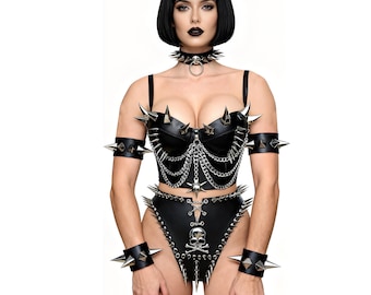 Plus Size Gothic Spiked Faux Leather Corset ,Cyberpunk Outfits,Burning Man Festival Clothing,Heavy Metal Rock Clothing