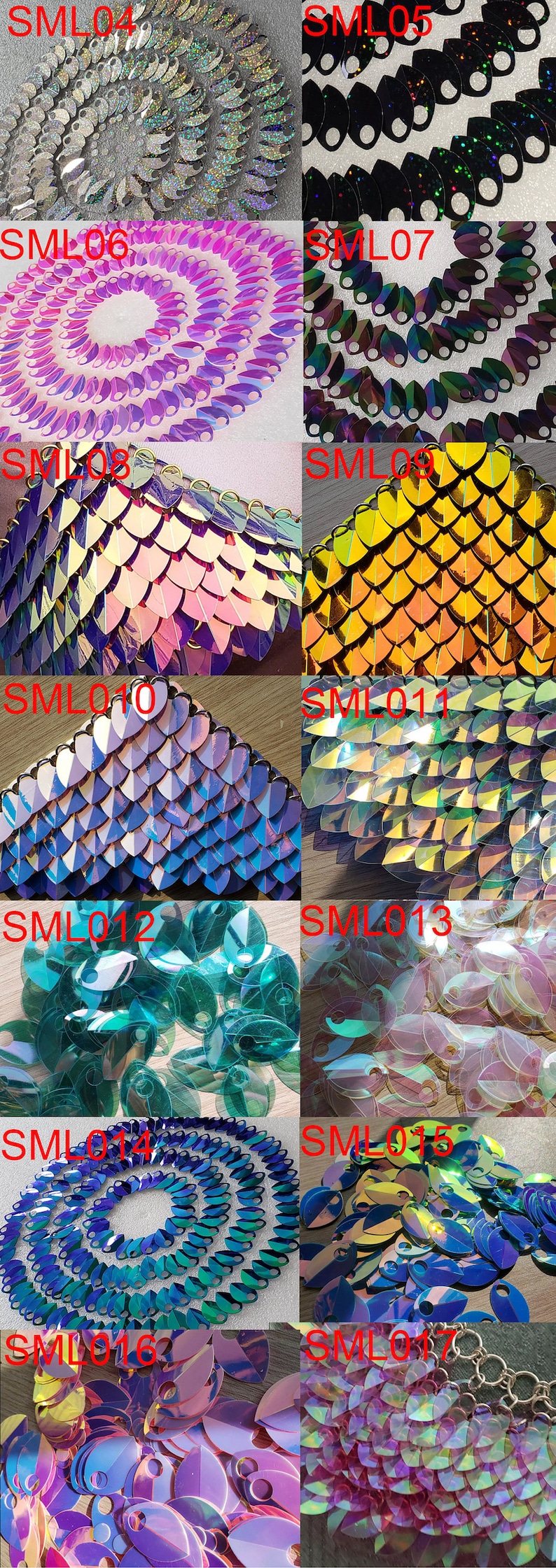 K&ouml;nnte beinhalten: Sortiment aus irisierenden, holografischen und metallischen Schuppen in verschiedenen Farben, darunter Silber, Schwarz, Rosa, Gold, Blau und Gr&uuml;n. Die Schuppen sind in Reihen und Spalten angeordnet, wobei sich einige Schuppen &uuml;berlappen. Die Schuppen sind alle ungef&auml;hr gleich gro&szlig; und gleich geformt und haben eine gl&auml;nzende, reflektierende Oberfl&auml;che.