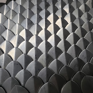Puede incluir: Un patrón repetitivo de escamas superpuestas de color gris metálico con forma puntiaguda, dispuestas en una cuadrícula uniforme. Cada escama individual presenta una superficie lisa y curva con una cresta central, creando una textura.
