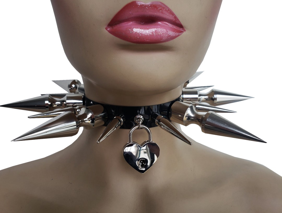 Personalized Name Padlock Choker, Heart Lock Spiked Chocker Necklace