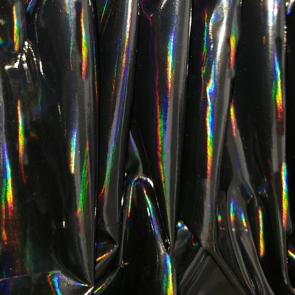 Holographic Black Gloss Stretch PVC Vinyl,Iridescent Rainbow 4 Ways Stretch Black Mirror Vinyl Fabric,Stretch PU Leather