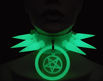 Handmade Gaint Spike Glow in the Dark Choker Collar ,O ring Choker,Pentagram Choker,Gothic, Punk ,Alternative ,Goth,Rave Leather Choker