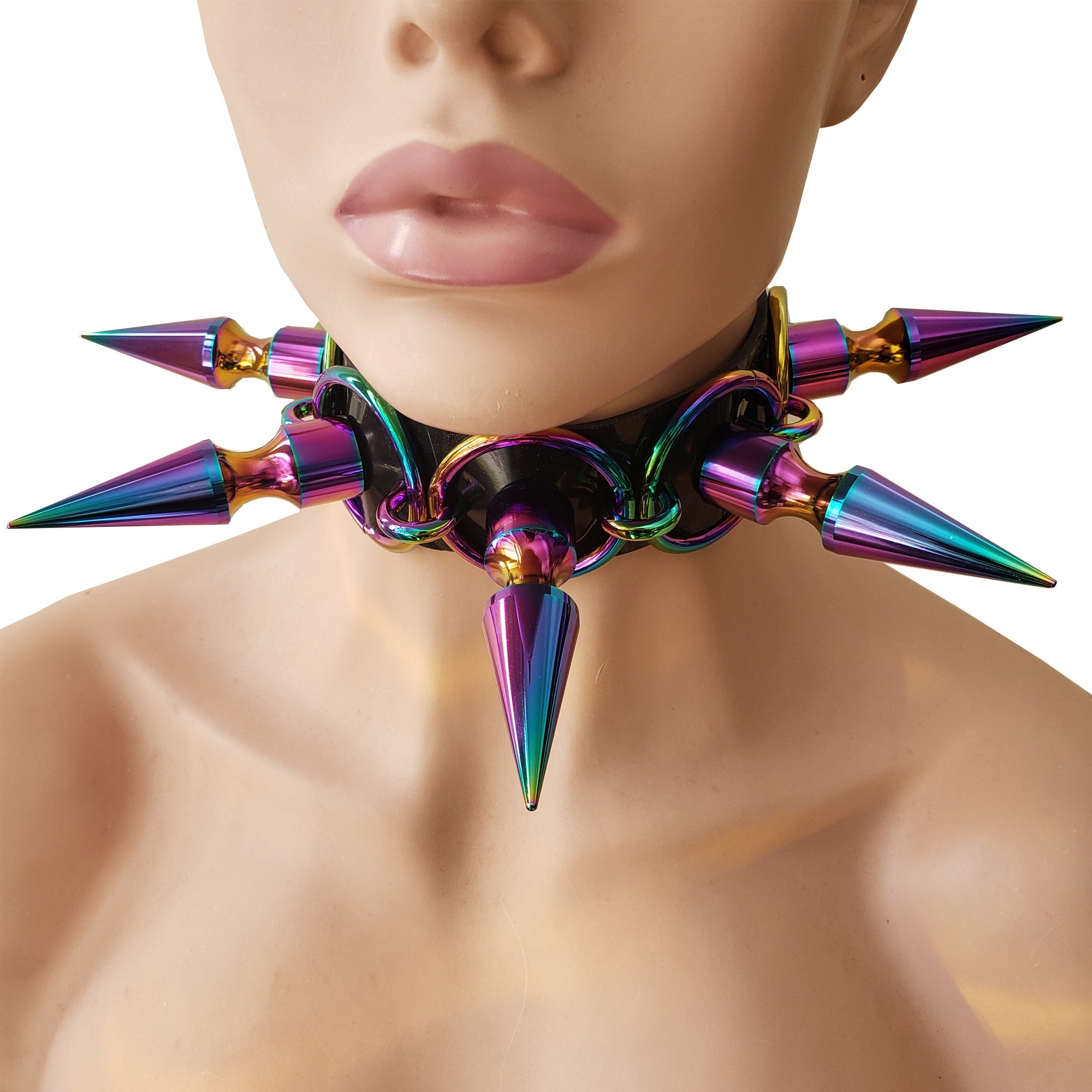Handmade Giant Rainbow Spiked Choker Rubber Collar gothic Punk