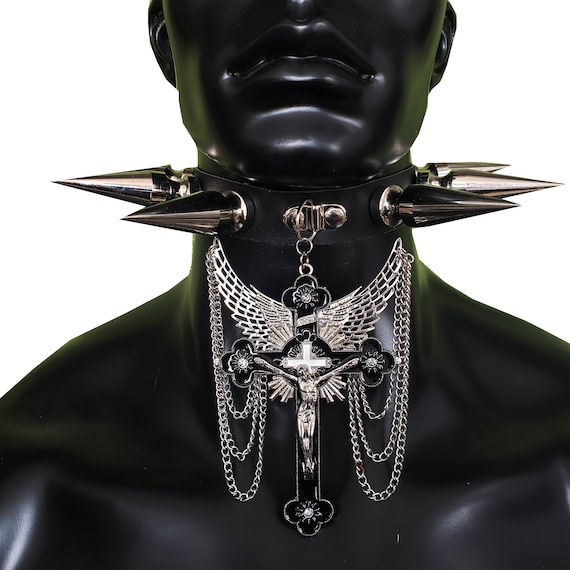 Giant Spike Studs Choker Collar: Gothic Crucifix Cross Necklace