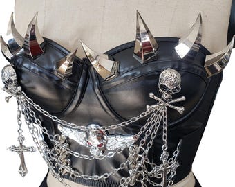 Gothic Spiked Bustier Top: Skull Chain Rave Outfit