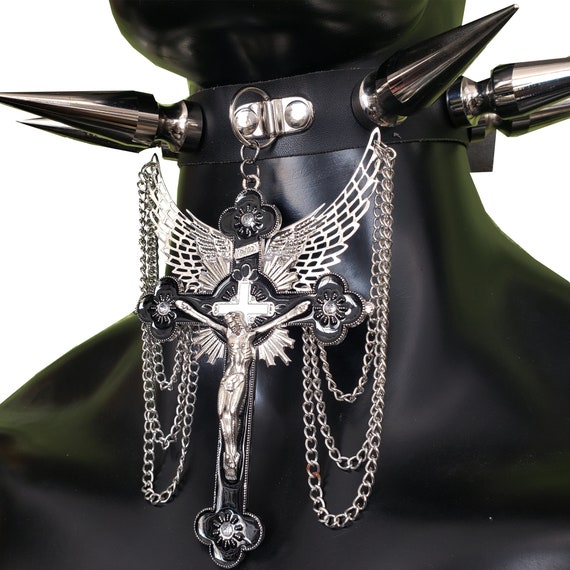 Giant Spike Studs Choker Collar: Gothic Crucifix Cross Necklace - Etsy