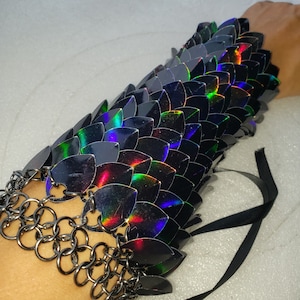 Black Holographic Iridescent Scalemail Chainmail Scalemail   Dragonhide Gauntlets  Bracers   Scalemaille Armor Half Sleeves