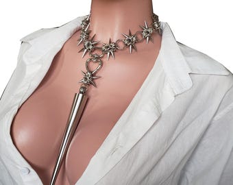 Stainless Steel Chainmail Necklace with Giant Spike Pendant,Chunk Chain Gothic  Chocker Necklace, Halloween Jewelry