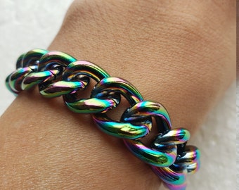 Iridescent Rainbow Curb Link Bracelet: Chunky Aluminum Chain