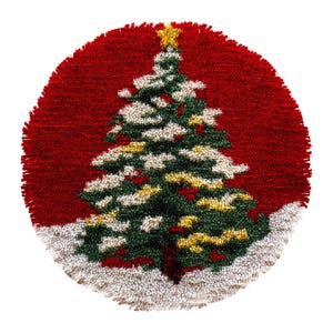 May include: A round, textured Christmas rug featuring a detailed Christmas tree design. The tree is green, white, and gold, set against a red background. A yellow star tops the tree, and white accents simulate snow. The rug has a fringed edge.