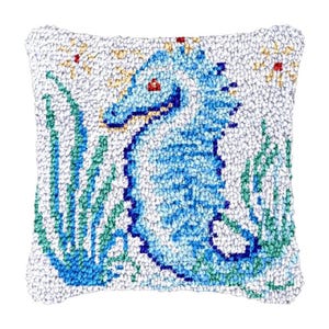 Sea Horse Latch Hook kit Pillow Cover Throw Pillow Embroidery Craft Kits for Beginner DIY Latch Hook Rug Kit with Printed Canvas Hobby&Craft