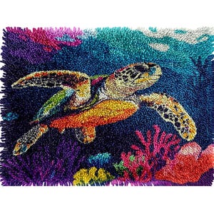May include: A colourful sea turtle swimming through a vibrant coral reef. The turtle is made of yarn and has a textured, fuzzy appearance. The coral reef is made of yarn and has a variety of colours, including pink, purple, blue, and green.