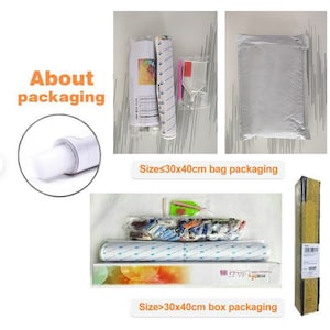 May include: Diamond painting kit packaging options.  Smaller kits are packaged in a plastic bag, while larger kits are packaged in a box.  The kit includes a canvas, drills, tools, and a tray.